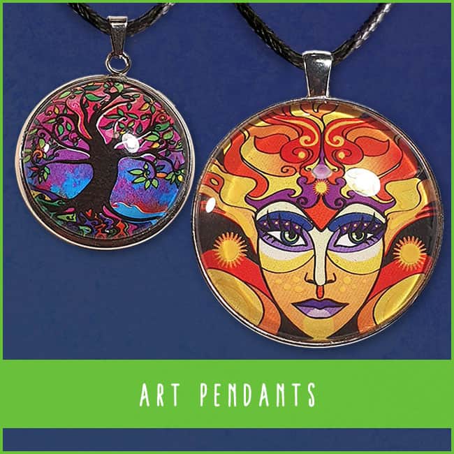 Handcrafted pendants with colourful designs and artwork by Abolina Art