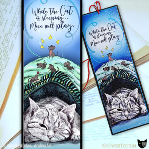 Hand illustrated art bookmark featuring a sleeping cat with mice playing