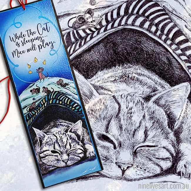 Art bookmark displayed with original pen & ink drawing of a sleeping cat and mice playing