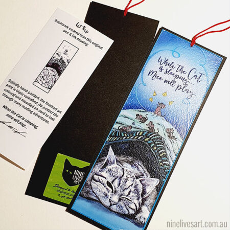 Art bookmark showing front and back, art print of sleeping cat mounted on black card