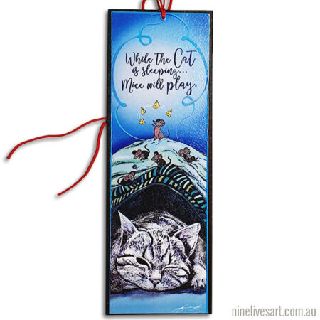 Art bookmark featuring a sleeping cat with mice playing