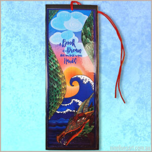 Art bookmark featuring a dragon framing ocean waves and blue skies
