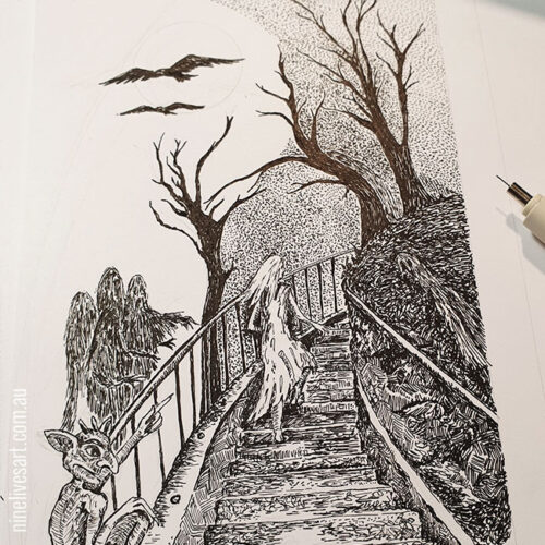 Pen and ink drawing in progress for Haunted Nights by Abolina Art