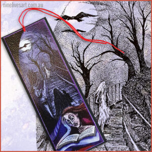 Haunted Nights art bookmark placed with original ink drawing