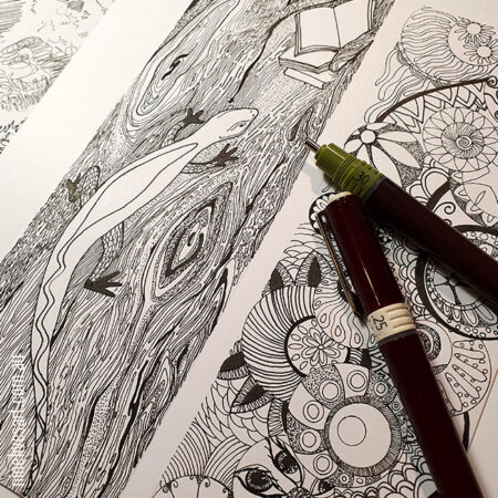 Detailed Ink drawing of lizard climbing tree with ink pens on the side