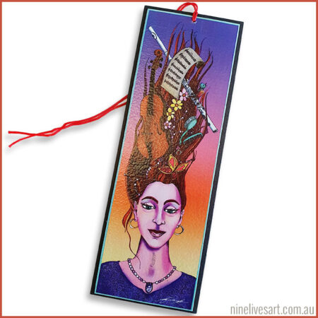 Art bookmark depicting woman with flowing hair full of musical instruments, notes and jewels