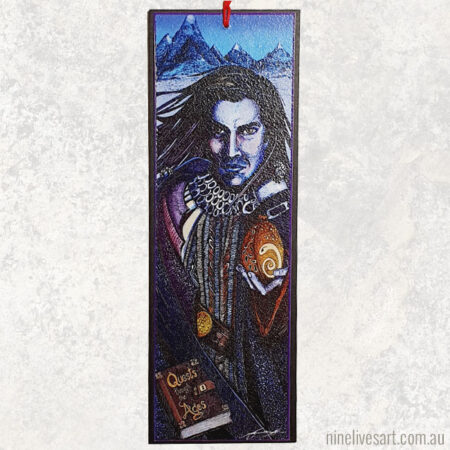 Bookmark featuring original artwork of a long-haired man in cape returning from a mighty quest with a golden egg.