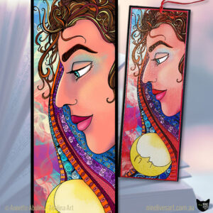 Colourful illustrated bookmark featuring woman in profile with sun and moon