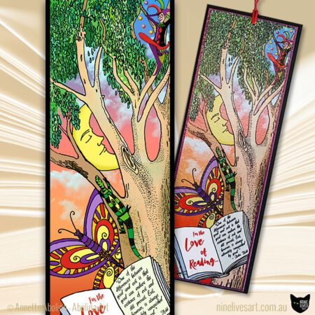Illustrated artwork featuring a jester juggling in a tree with the moon and a butterfly looking on