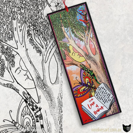 Pen & ink illustration with handcrafted colourful bookmark on top