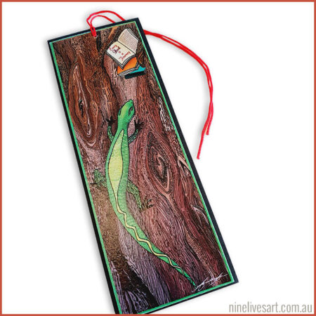 Art book mark featuring lizard climbing up a tree. digitally hand-painted original pen and ink drawing
