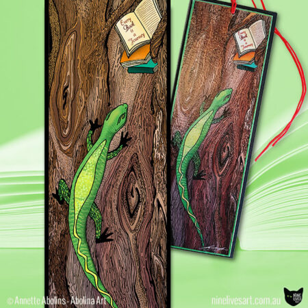 Illustrated green lizard climbing tree towards a book