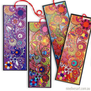 4 art bookmarks in different colour palettes featuring abstract whimsical circles