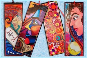 Four colourful bookmarks created from original pen & ink drawings