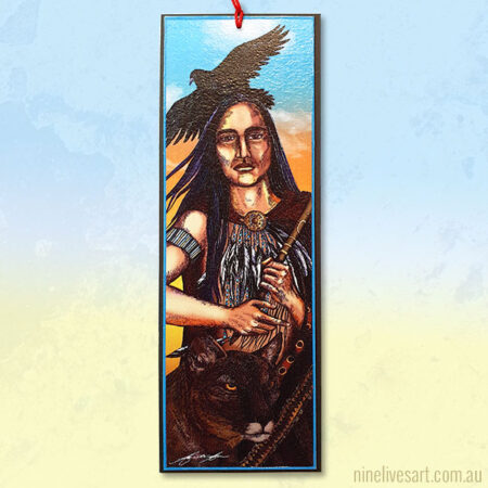 Art bookmark featuring long-haired man with raven above his head