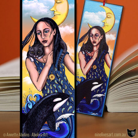 Detailed illustrated bookmark featuring a dark-haired woman with an orca and a cat as her spirit guides