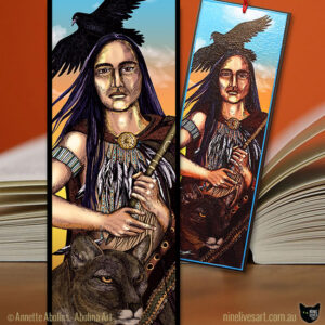 Illustrated bookmark featuring long-haired man with raven above his head