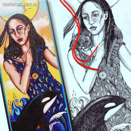 Art bookmark featuring a woman in ocean waves with an orca and a cat representing her spirit guides