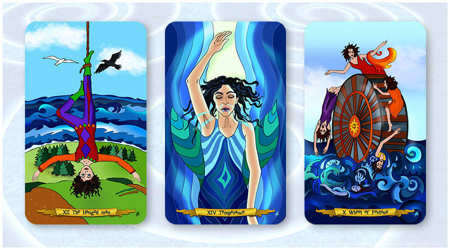 illustrated tarot by Annette Abolins Strength, The Moon and Judgement